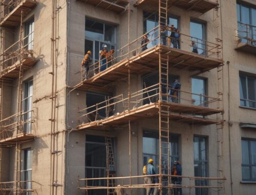 Бригада монтажников выполняет высотные работы